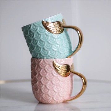 [夢田良品]出口描金珍珠釉美人魚尾巴陶瓷馬克杯情侶杯咖啡杯