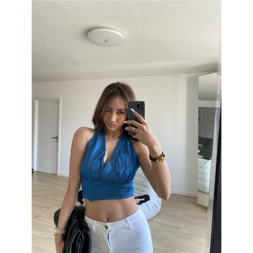 POPBONNIE 21年夏季新款歐美藍色系帶掛脖式露背時尚背心吊帶潮