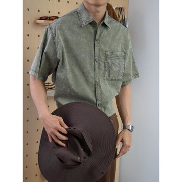 【浮石手作】炒雪花做舊明線復古日系工裝夏季透氣寬松短袖襯衫男