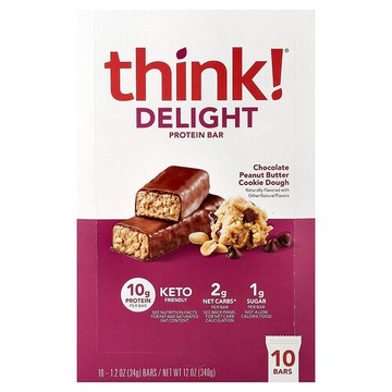 Think !, 美味蛋白棒，巧克力花生醬曲奇乾面團，10 根，每根 1.2 盎司（34 克）