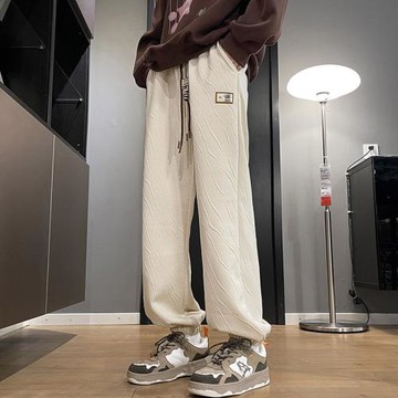 提花褲子男春秋新款潮流束腳運動褲男士寬松休閑褲高級感美式衛褲