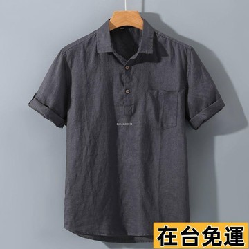 🔥台灣發出🔥 日係複古亞麻方領短袖 男士襯衫夏季棉麻休閒麻料薄款純色襯衣 韓版男士潮流上衣