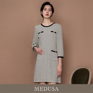 現貨【MEDUSA 曼度莎】橫紋小香風滾邊修身洋裝（M-XL）｜小香風洋裝 長袖洋裝 小禮服