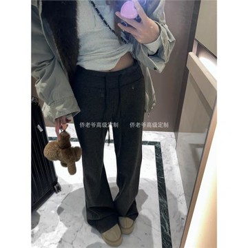 秋冬新款加絨加厚保暖醋酸蠶絲羊毛寬松微喇叭毛呢褲顯瘦神褲長褲