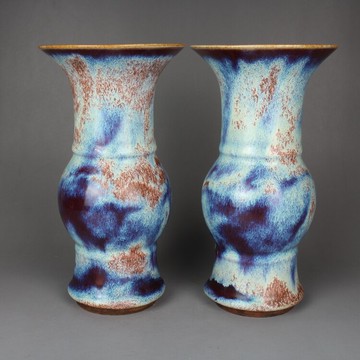 古玩收藏 晚清窯變花釉花觚花插一對 古董陶瓷器仿古老貨收藏擺件