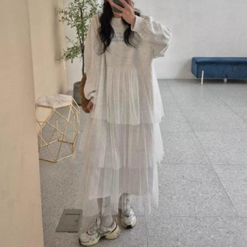 韓國chic秋季減齡氣質字母印花設計感拼接網紗蛋糕裙衛衣連衣裙女