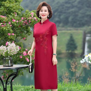 夏季女喜婆婆結婚媽媽裝高檔喜慶短袖薄款婚宴禮服旗袍婚禮連衣裙