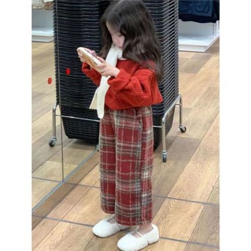 女童韓版褲子2025冬季新款洋氣元旦新年紅色喜慶加厚格子直筒褲潮