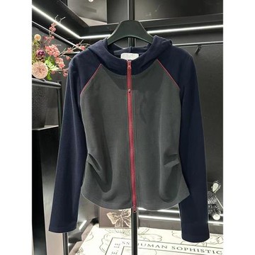 高端時尚撞色設計感插肩袖連帽衛衣外套女春季新款小個子開衫上衣