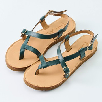 Kuru Mira真皮繞帶夾腳套趾平底涼鞋-墨綠