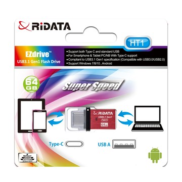 RIDATA錸德HT1 USB3.1Gen1+TypeC雙介面隨身碟 64G OTG紅