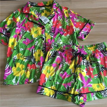 外貿出口女裝 歐美原單 女士夏季大花朵短袖短褲睡衣家居服套裝
