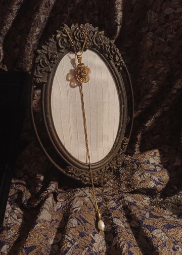 朱槿花長鏈珍珠頸鍊  - 黃銅項鍊 / 可客製長度