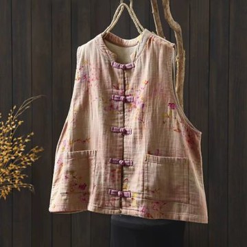 設計所在 棉麻隨性風 中式印花盤扣背心(4色可選)