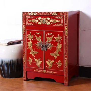 床頭櫃 臥室收納 儲物櫃 邊櫃 新中式古典描金床頭櫃榆木儲物櫃裝飾櫃臥室床邊櫃客廳櫃現代家具