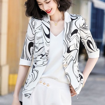 [米蘭精品] 西裝外套休閒西服-中袖印花修身春夏女外套2色74co4