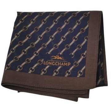 Longchamp 藏青底棕金色馬具鏈條印花 咖啡包邊字母LOGO圖騰帕領巾(46CM)