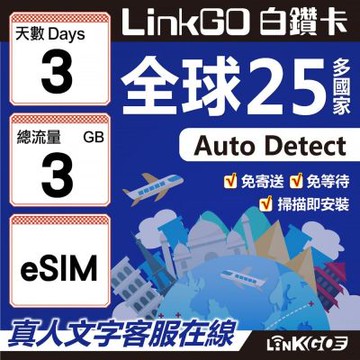 LINKGO白鑽卡 全球25國 eSIM卡 3天上網卡 總流量3GB(全球網卡 亞洲 歐洲 美洲 大洋洲 非洲)