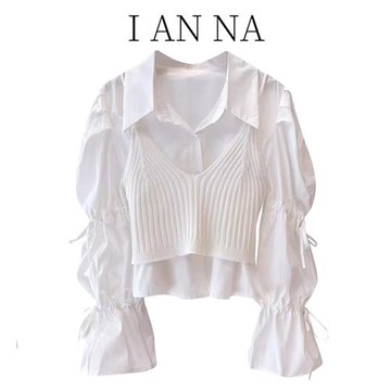 法式白色喇叭袖短款上衣秋冬2023新款女設計感小眾吊帶襯衫兩件套