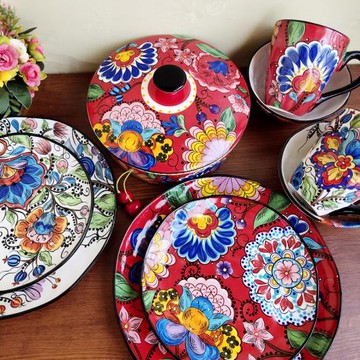 出口精品釉下彩陶瓷餐具植物花卉西餐廳牛排盤孔雀花沙拉碗咖啡杯