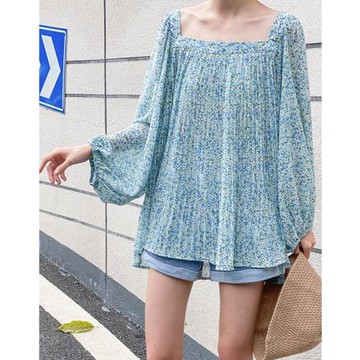 顯瘦方領風情碎花小百褶燈籠袖雪紡衫 飄逸寬松中長款防曬衫2329