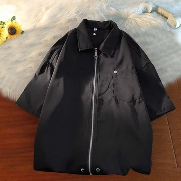 男生短袖襯衫 百搭休閒上衣 夏季黑色短袖工裝襯衫復古百搭寬鬆外穿上衣襯衣潮男女款風0706