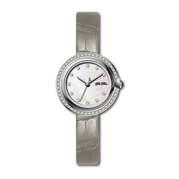 【Folli Follie】33毫米  誥石錶圈 珍珠母貝錶盤 鱷魚壓紋真皮腕錶(銀X灰 FF22B023-WU)