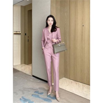 2025春精致女神顯白氣質冰玫粉色西裝三件套修身小腳褲主持人套裝