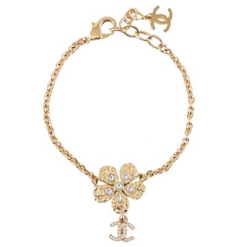 CHANEL 水鑽花朵造型雙C LOGO墜飾手鍊(金)