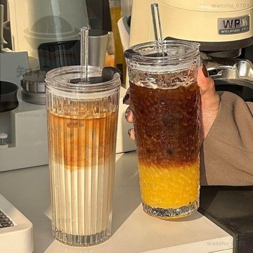 【限時下殺】日式玻璃杯 高顔值透明玻璃杯 咖啡冰美式拿鐵玻璃杯 大容量帶蓋吸管杯子 辦公室水杯子 水杯 玻璃杯