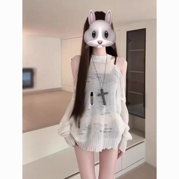 美式辣妹白色長袖鏤空針織罩衫女夏季寬鬆百搭下半身失蹤防曬上衣011715