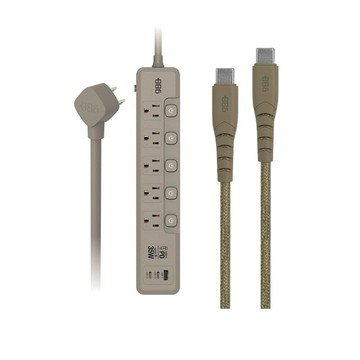 5開5插1USB+2Type C PD 35W 快充延長線 1.8米 HPS2553 + Type-C 充電傳輸編織線組合 軍綠組合