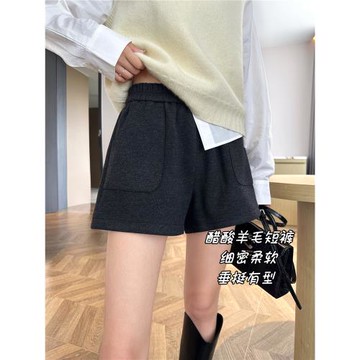 (免運)醋酸毛呢短褲女秋冬2024新款高腰外穿靴褲加厚休閑a字羊毛闊腿褲