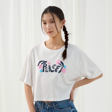 【ERSS】女裝 短袖 女生 t恤 短袖上衣 小花 花花 鴿子 信 白色【K70324】