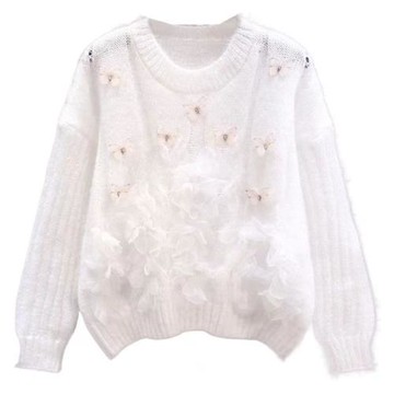 重工立體花朵毛衣女秋冬新款設計感小眾寬松慵懶風短款針織衫上衣