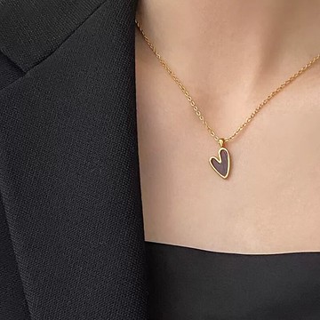 s925純銀極簡設計暗酒紅小桃心吊墜項鏈女個性滴釉愛心鎖骨鏈