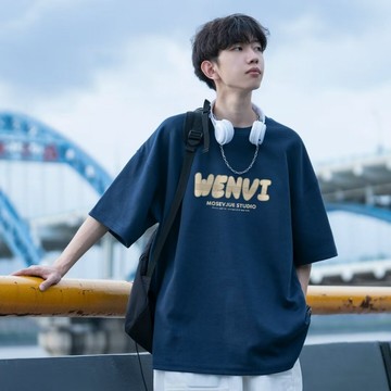 100%纯棉 男生衣服 落肩 設計感上衣 日系復古 寬版上衣 字母印花 白色上衣 學生短袖