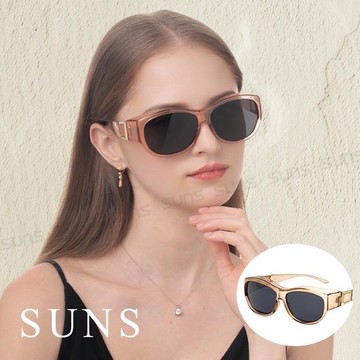 【SUNS】包覆式精品偏光墨鏡 透感暖茶方框墨鏡 Polarized可套鏡 抗藍光+抗UV400