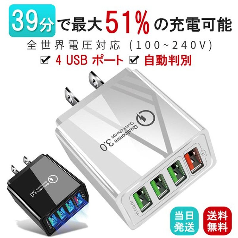 最大65%OFFクーポン ACアダプター スマホ充電器 4口 20W PD充電 USB 3ポート 2.4A QC3.0 急速充電 電源アダプター  チャージャー 同時充電 iPhone Android Type-c 海外対応 mwh.gov.jm