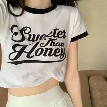 夏季印花字母短款T恤女新款ins設計感時尚洋氣撞色上衣服