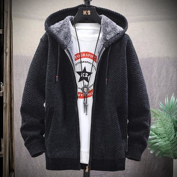 一體絨男士毛衣秋冬季2025新款連帽加絨加厚男裝百搭針織開衫外套