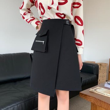 大碼不規則半身裙黑色顯瘦微胖mm遮肚西裝中裙包臀a字裙百搭短裙