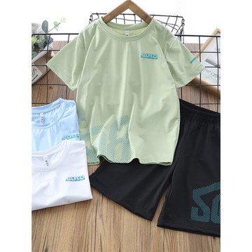 男童速干短袖短褲套裝夏季2025新款網眼兒童運動兩件套中大童冰絲