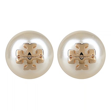 TORY BURCH 品牌雙T標誌珍珠穿式耳環(象牙白x金)