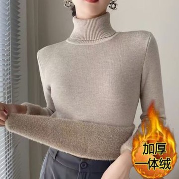 La Belleza素色高領翻領包芯紗針織內裡仿水貂毛加絨加厚彈性保暖針織上衣