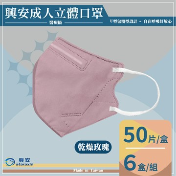 興安衛材 一般醫療口罩 成人立體口罩（L）-乾燥玫瑰50入*6盒_廠商直送