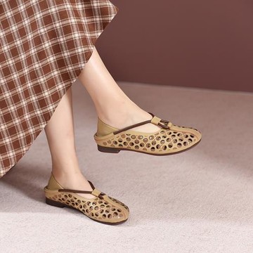2025年夏季新款手工真皮女鞋低跟平底鏤空涼鞋復古軟底舒適媽媽鞋