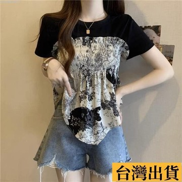 🌈台倉出庫🌈 不規則假兩件印花短袖T恤女夏季大碼胖mm顯瘦設計感炸街小衫上衣