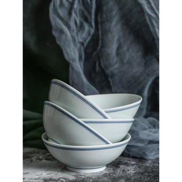 5/6/7/8英寸新中式敞口陶瓷餐具 簡約風格藍邊米飯碗面碗商用家用