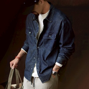 Wuluwear 【竹節復古藍】美式通勤長袖牛仔襯衫男2025秋季新款工裝襯衫外套